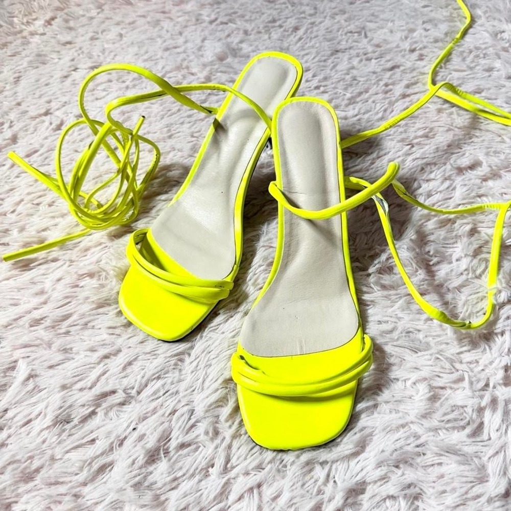 Neon Yellow Clubwear Rave Festival EDM Strappy Lace Up Heels Womens 10.5 Retro